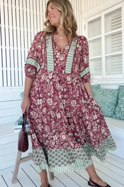 Mila Midi Dress - Mandarin Collar Buttoned Bodice Tiered Dress in Athena Print><noscript><img width=
