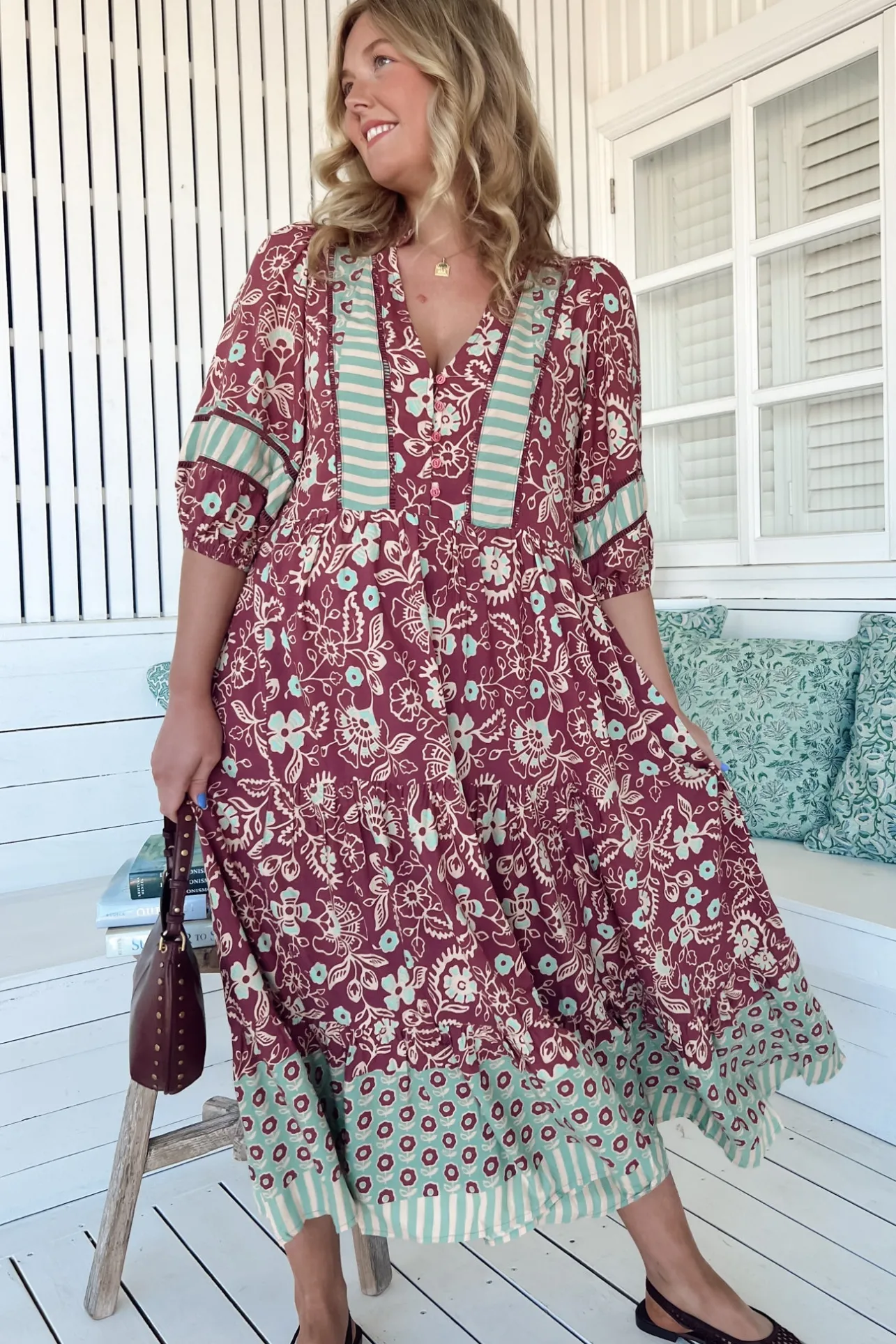 Mila Midi Dress - Mandarin Collar Buttoned Bodice Tiered Dress in Athena Print>Jaase Hot