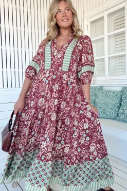 Mila Midi Dress - Mandarin Collar Buttoned Bodice Tiered Dress in Athena Print><noscript><img width=