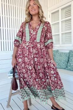 Mila Midi Dress - Mandarin Collar Buttoned Bodice Tiered Dress in Athena Print><noscript><img width=