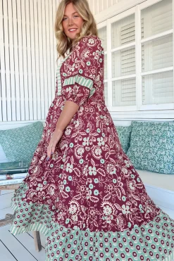 Mila Midi Dress - Mandarin Collar Buttoned Bodice Tiered Dress in Athena Print><noscript><img width=