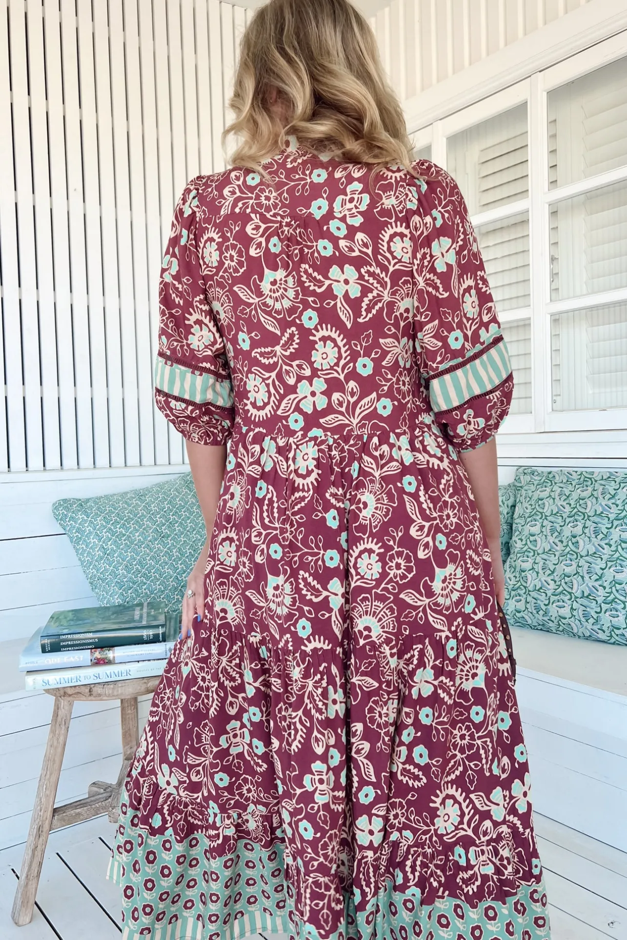 Mila Midi Dress - Mandarin Collar Buttoned Bodice Tiered Dress in Athena Print>Jaase Hot