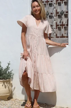 Milla Midi Dress - Tiered Button Down Dress in Gingham Mistee Print Beige>Salty Crush Hot