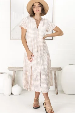Milla Midi Dress - Tiered Button Down Dress in Gingham Mistee Print Beige><noscript><img width=