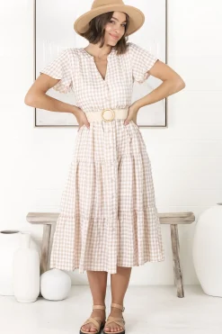 Milla Midi Dress - Tiered Button Down Dress in Gingham Mistee Print Beige><noscript><img width=