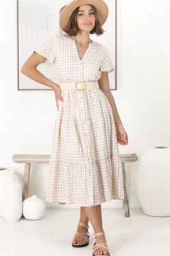 Milla Midi Dress - Tiered Button Down Dress in Gingham Mistee Print Beige><noscript><img width=
