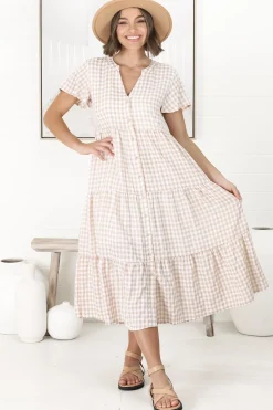 Milla Midi Dress - Tiered Button Down Dress in Gingham Mistee Print Beige><noscript><img width=