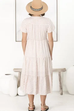 Milla Midi Dress - Tiered Button Down Dress in Gingham Mistee Print Beige><noscript><img width=