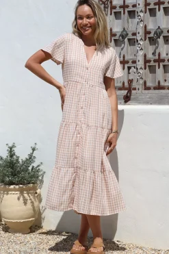 Milla Midi Dress - Tiered Button Down Dress in Gingham Mistee Print Beige><noscript><img width=