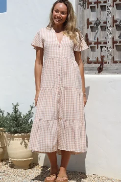 Milla Midi Dress - Tiered Button Down Dress in Gingham Mistee Print Beige><noscript><img width=