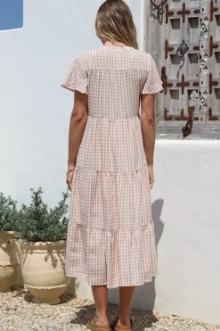 Milla Midi Dress - Tiered Button Down Dress in Gingham Mistee Print Beige><noscript><img width=