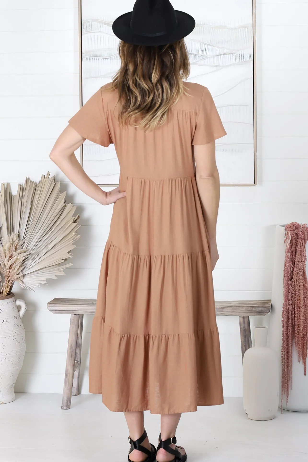 Milla Midi Dress - Tiered Cap Sleeve Button Down Linen Dress in Tan>Salty Crush Best