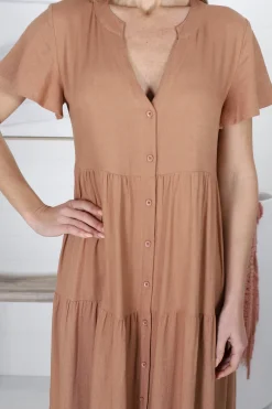 Milla Midi Dress - Tiered Cap Sleeve Button Down Linen Dress in Tan><noscript><img width=