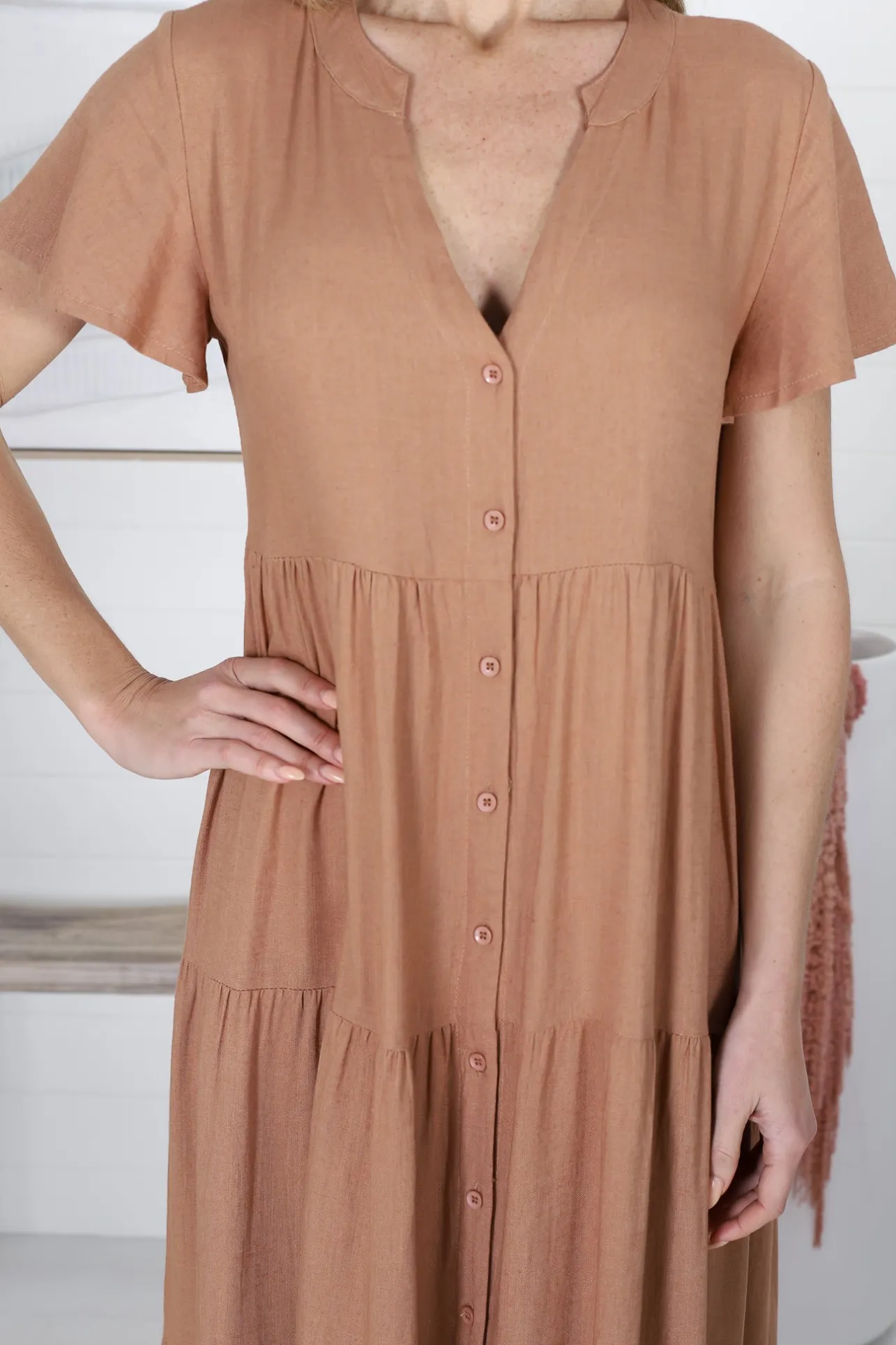 Milla Midi Dress - Tiered Cap Sleeve Button Down Linen Dress in Tan>Salty Crush Best