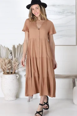 Milla Midi Dress - Tiered Cap Sleeve Button Down Linen Dress in Tan><noscript><img width=