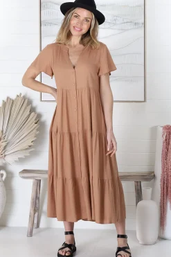 Milla Midi Dress - Tiered Cap Sleeve Button Down Linen Dress in Tan><noscript><img width=