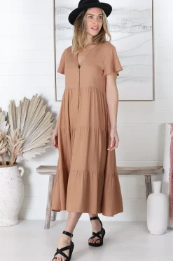 Milla Midi Dress - Tiered Cap Sleeve Button Down Linen Dress in Tan><noscript><img width=