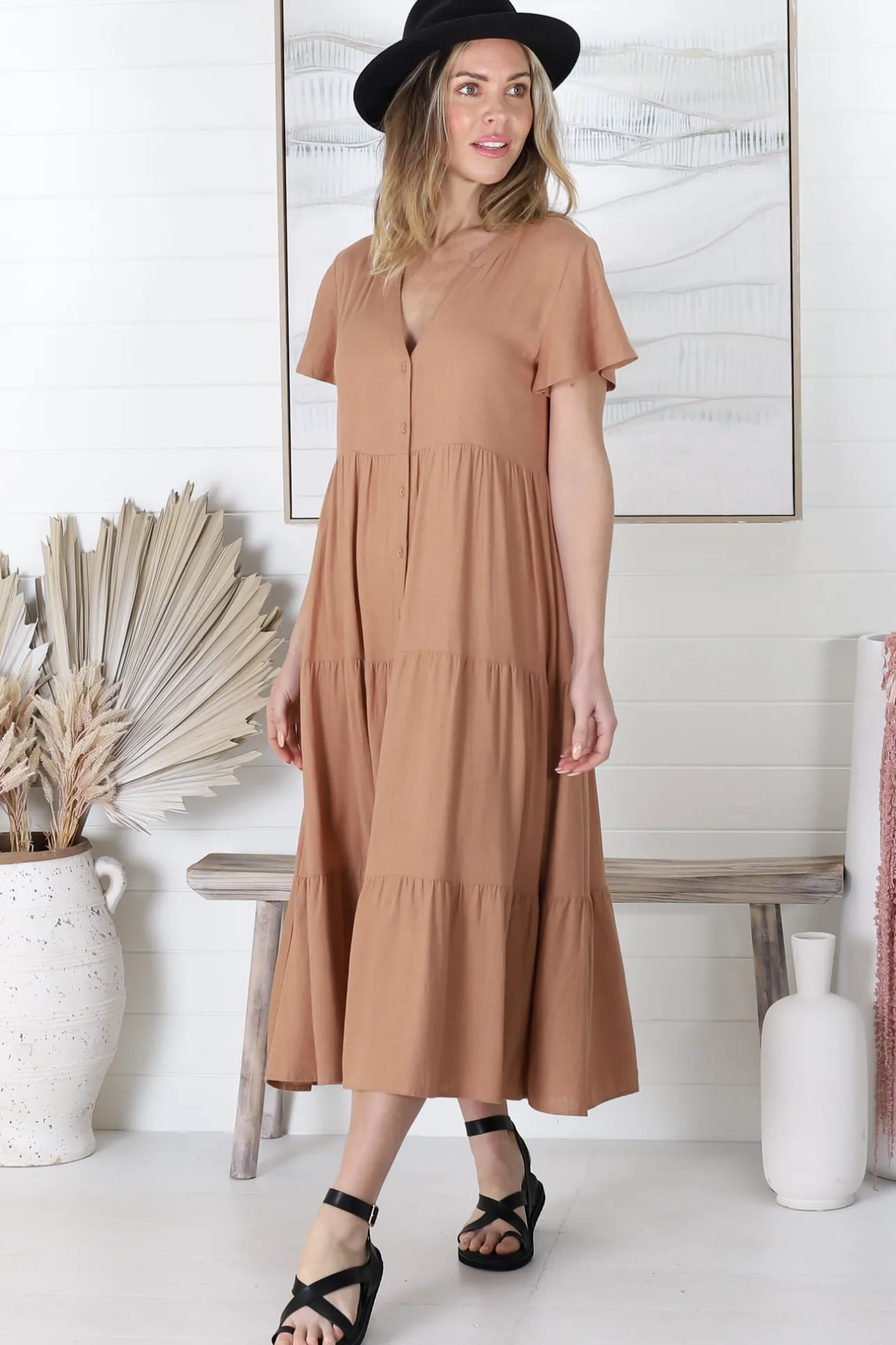 Milla Midi Dress - Tiered Cap Sleeve Button Down Linen Dress in Tan>Salty Crush Best