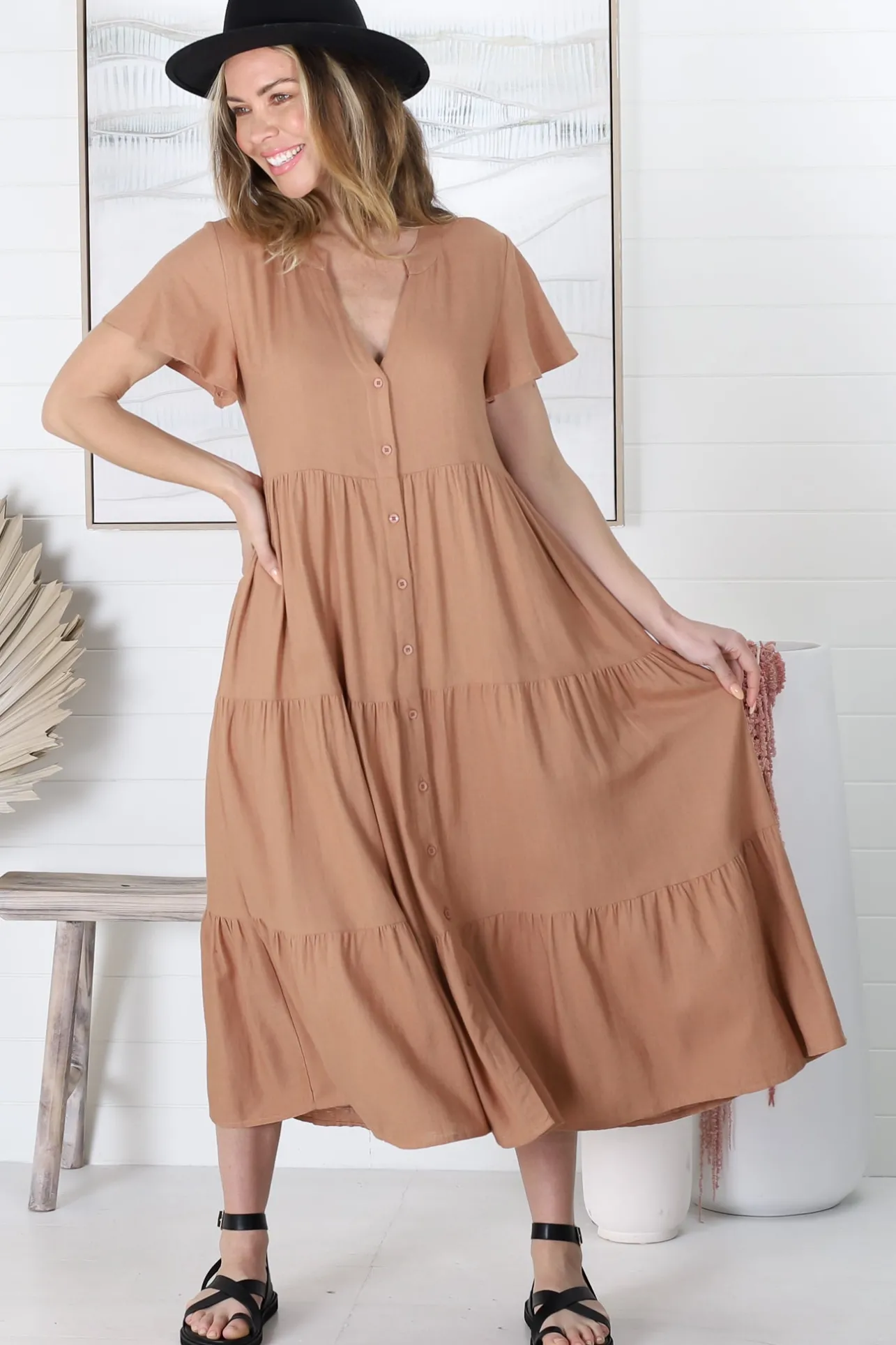 Milla Midi Dress - Tiered Cap Sleeve Button Down Linen Dress in Tan>Salty Crush Best