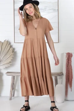 Milla Midi Dress - Tiered Cap Sleeve Button Down Linen Dress in Tan><noscript><img width=