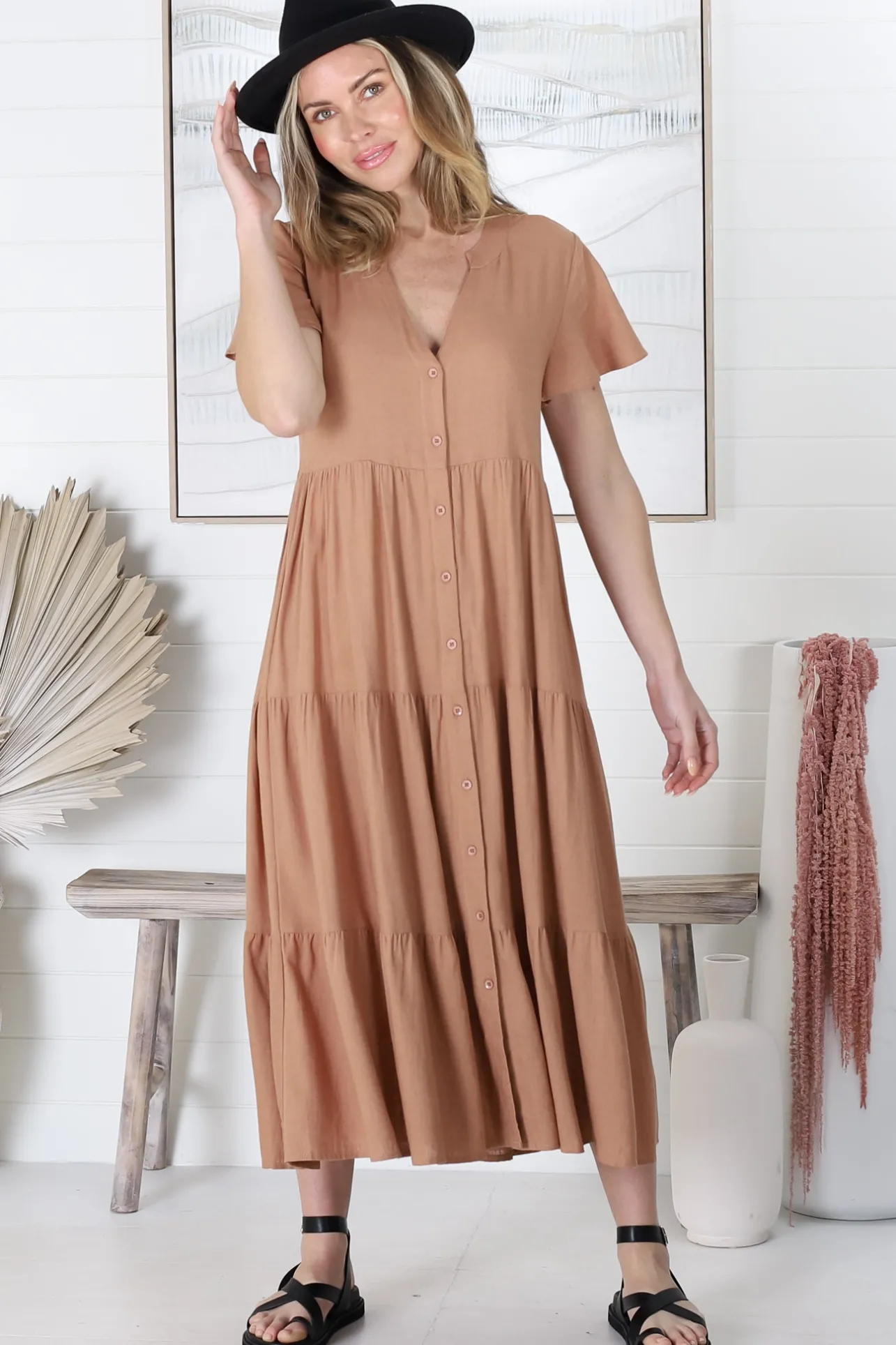 Milla Midi Dress - Tiered Cap Sleeve Button Down Linen Dress in Tan>Salty Crush Best