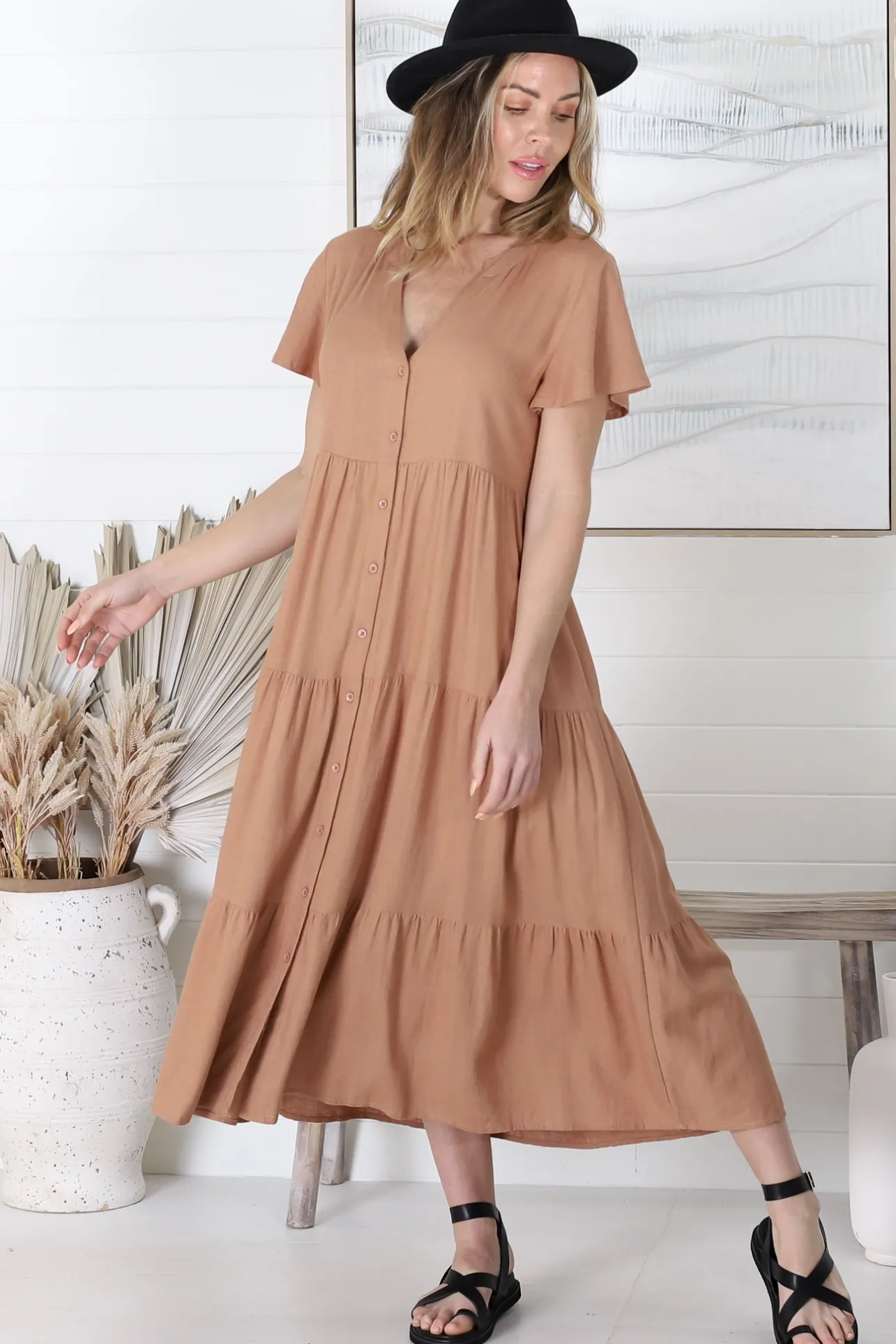 Milla Midi Dress - Tiered Cap Sleeve Button Down Linen Dress in Tan>Salty Crush Best