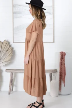 Milla Midi Dress - Tiered Cap Sleeve Button Down Linen Dress in Tan><noscript><img width=