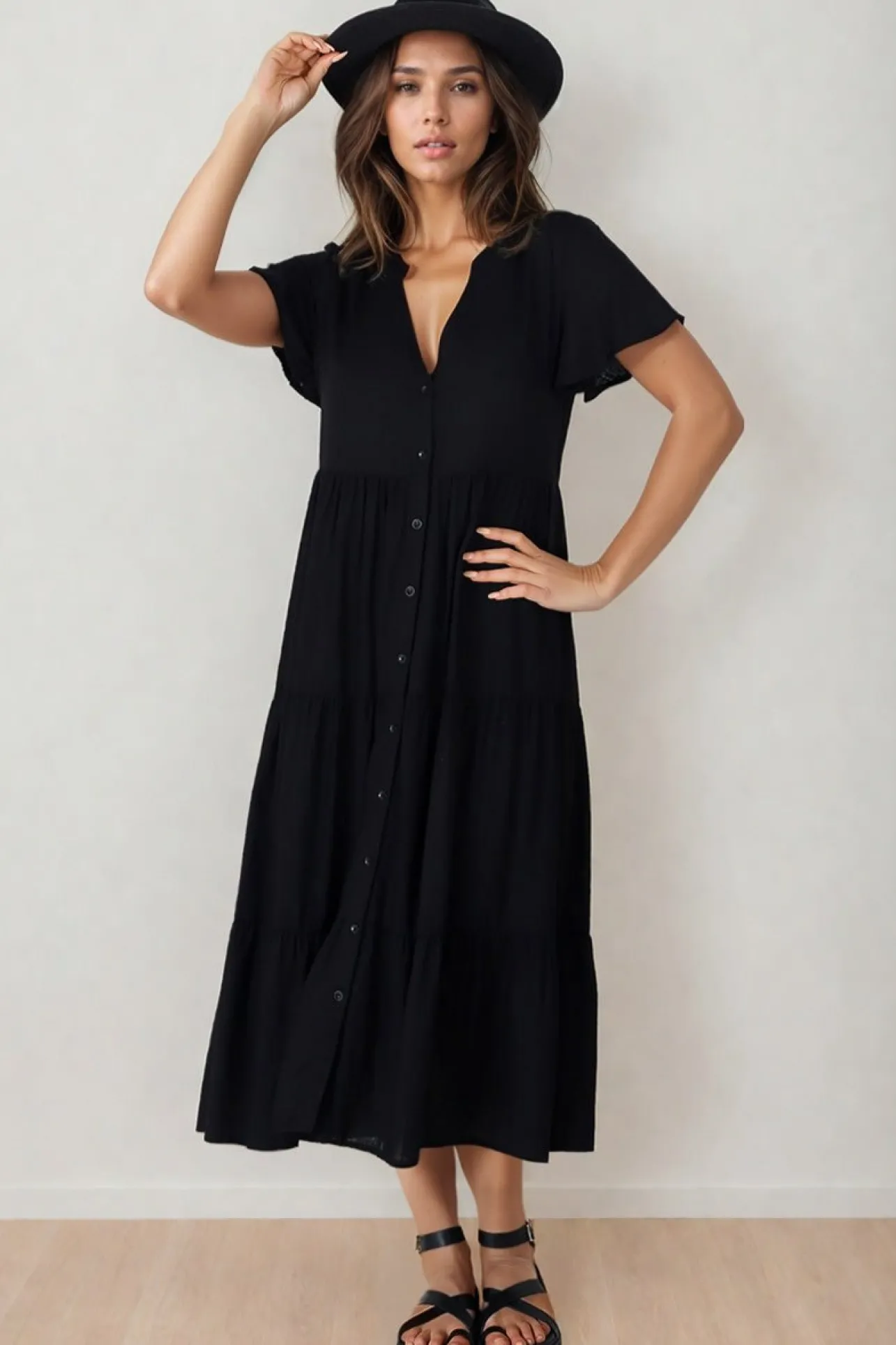 Milla Midi Dress - Tiered Cap Sleeve Button Down Linen Dress in Black>Salty Crush Best