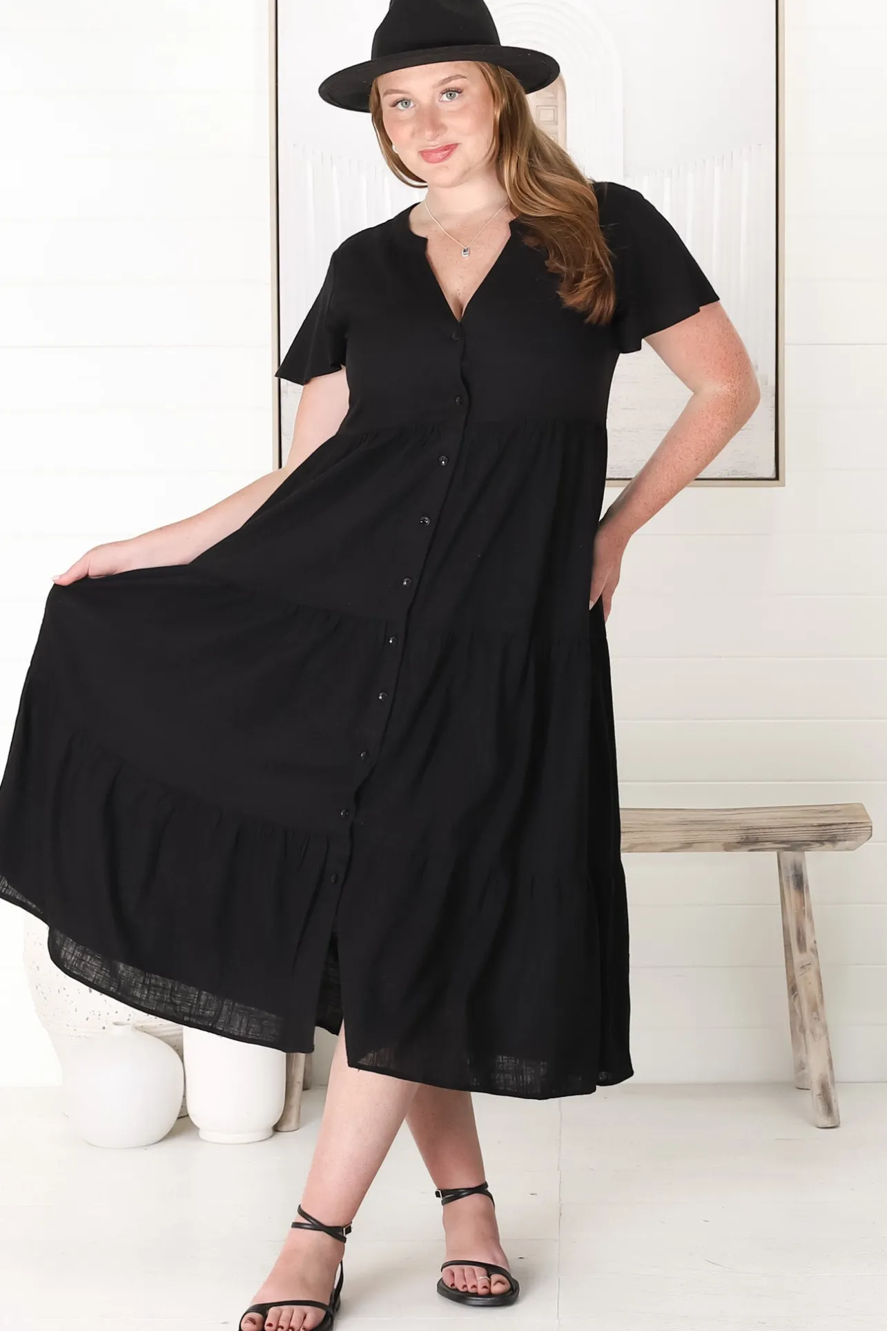 Milla Midi Dress - Tiered Cap Sleeve Button Down Linen Dress in Black>Salty Crush Best