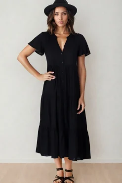 Milla Midi Dress - Tiered Cap Sleeve Button Down Linen Dress in Black><noscript><img width=