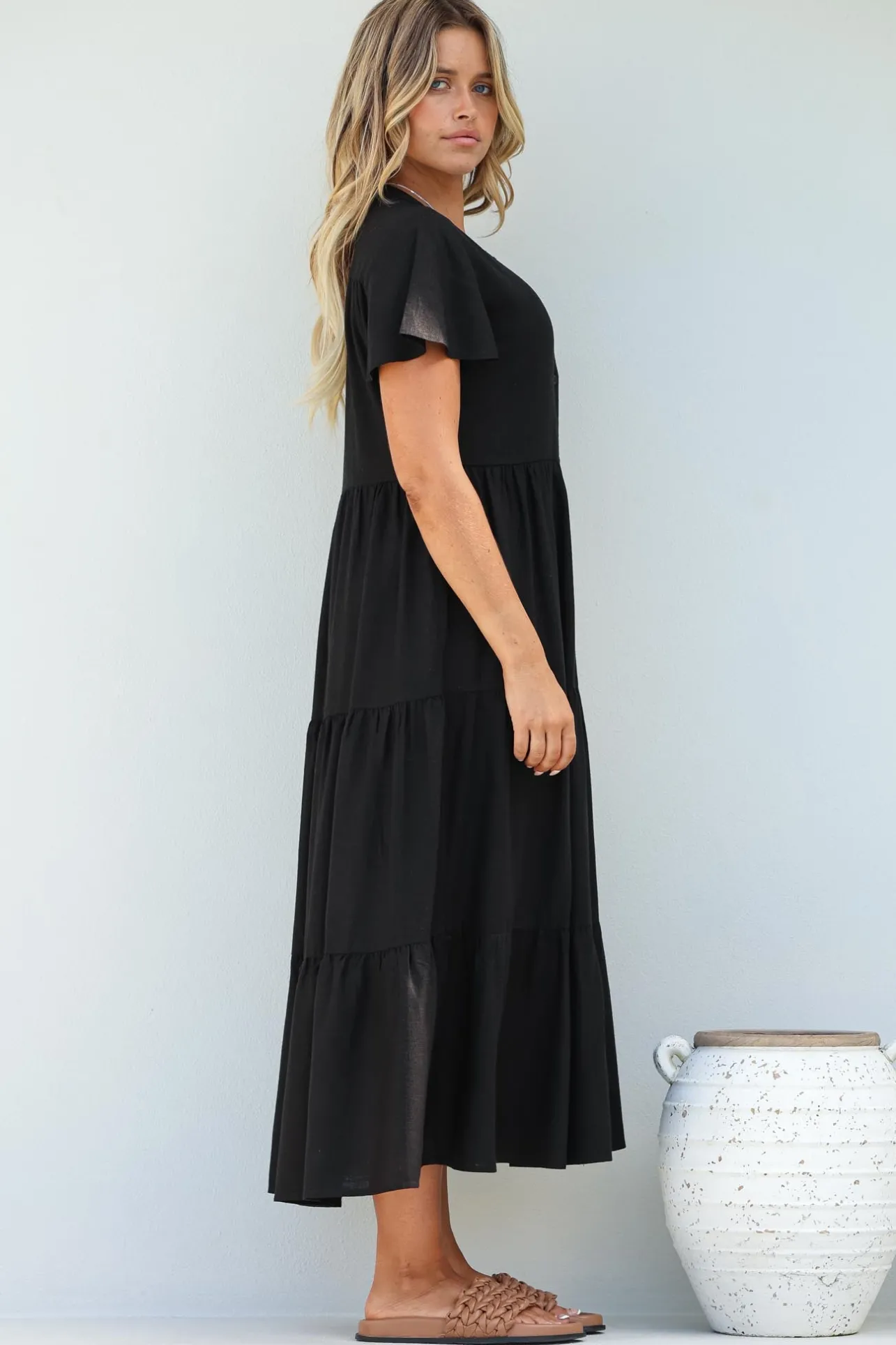 Milla Midi Dress - Tiered Cap Sleeve Button Down Linen Dress in Black>Salty Crush Best