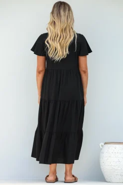 Milla Midi Dress - Tiered Cap Sleeve Button Down Linen Dress in Black><noscript><img width=