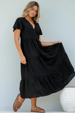 Milla Midi Dress - Tiered Cap Sleeve Button Down Linen Dress in Black><noscript><img width=