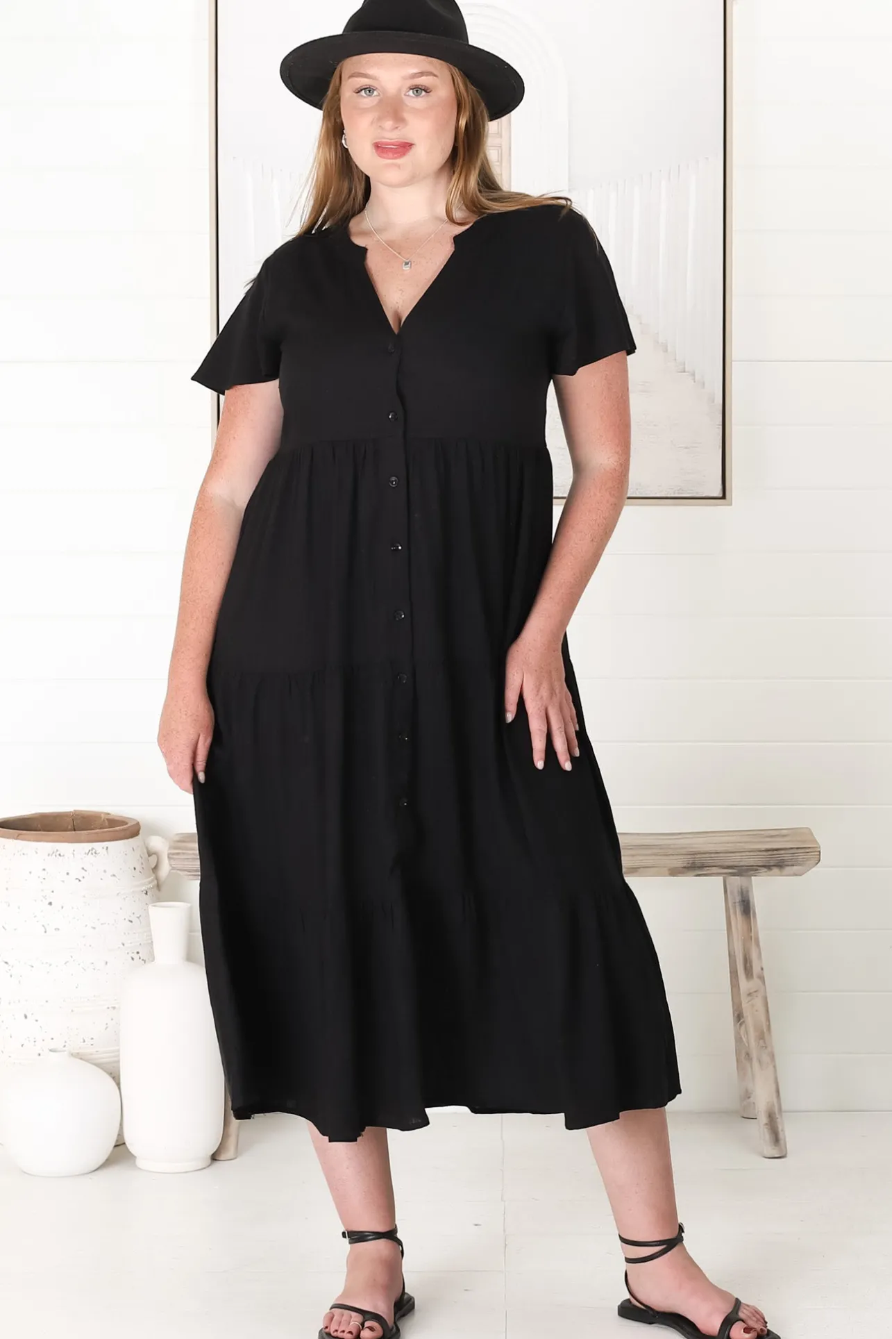 Milla Midi Dress - Tiered Cap Sleeve Button Down Linen Dress in Black>Salty Crush Best