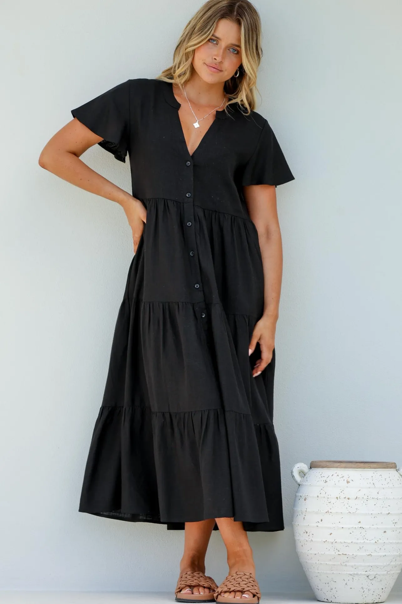 Milla Midi Dress - Tiered Cap Sleeve Button Down Linen Dress in Black>Salty Crush Best