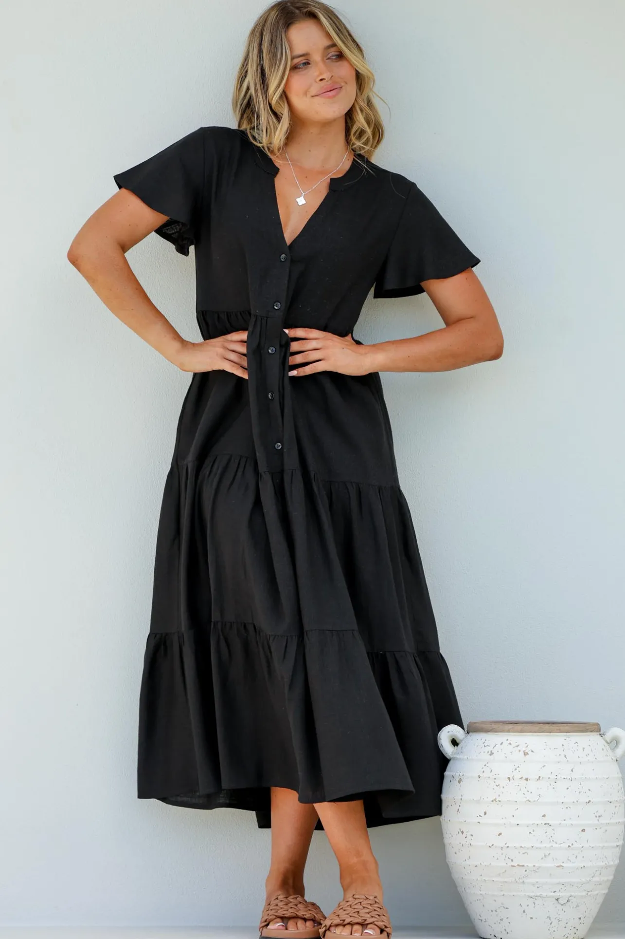 Milla Midi Dress - Tiered Cap Sleeve Button Down Linen Dress in Black>Salty Crush Best