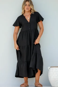Milla Midi Dress - Tiered Cap Sleeve Button Down Linen Dress in Black><noscript><img width=