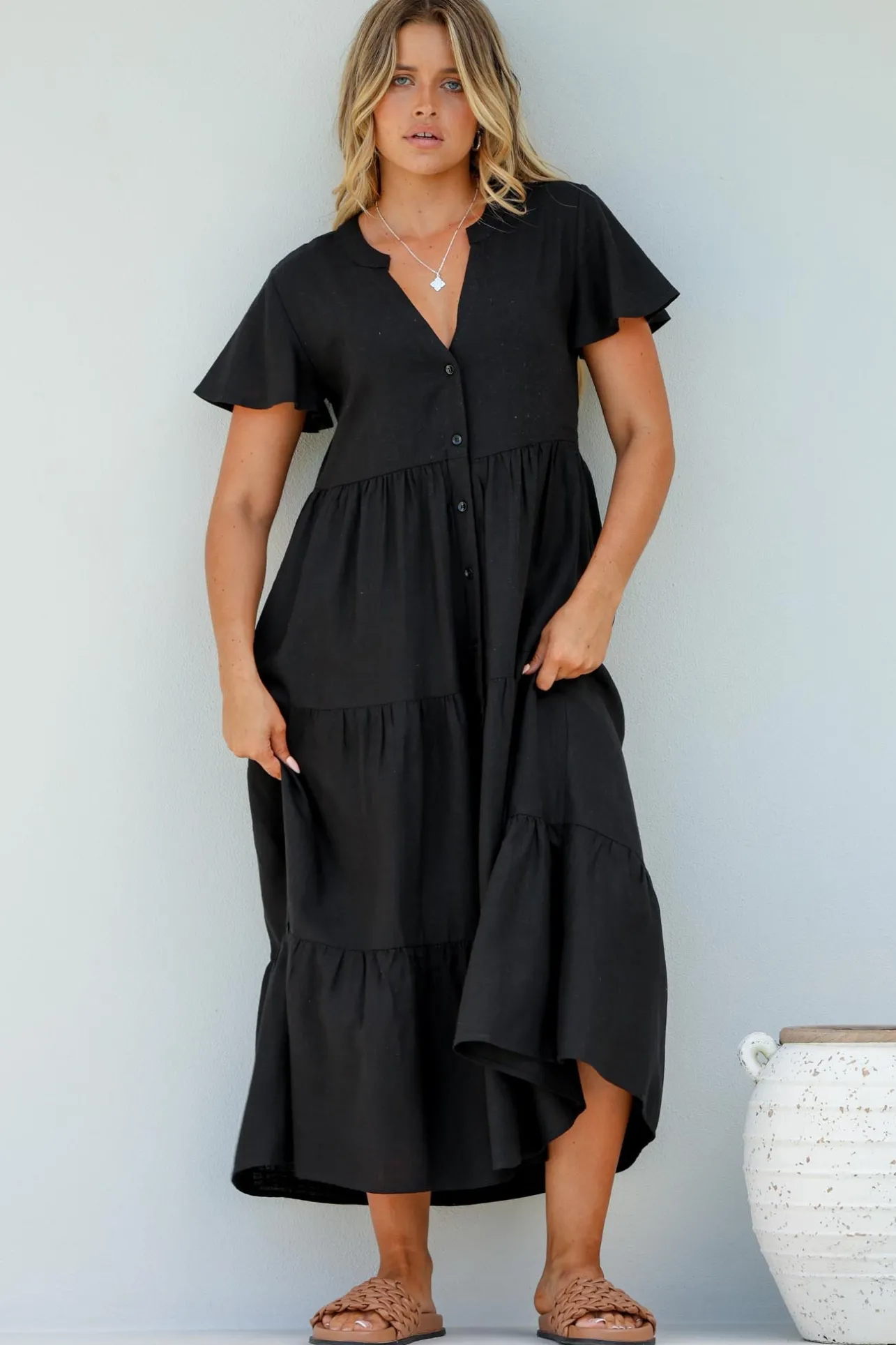 Milla Midi Dress - Tiered Cap Sleeve Button Down Linen Dress in Black>Salty Crush Best
