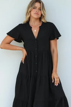 Milla Midi Dress - Tiered Cap Sleeve Button Down Linen Dress in Black><noscript><img width=