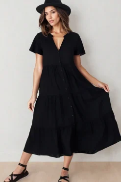 Milla Midi Dress - Tiered Cap Sleeve Button Down Linen Dress in Black><noscript><img width=