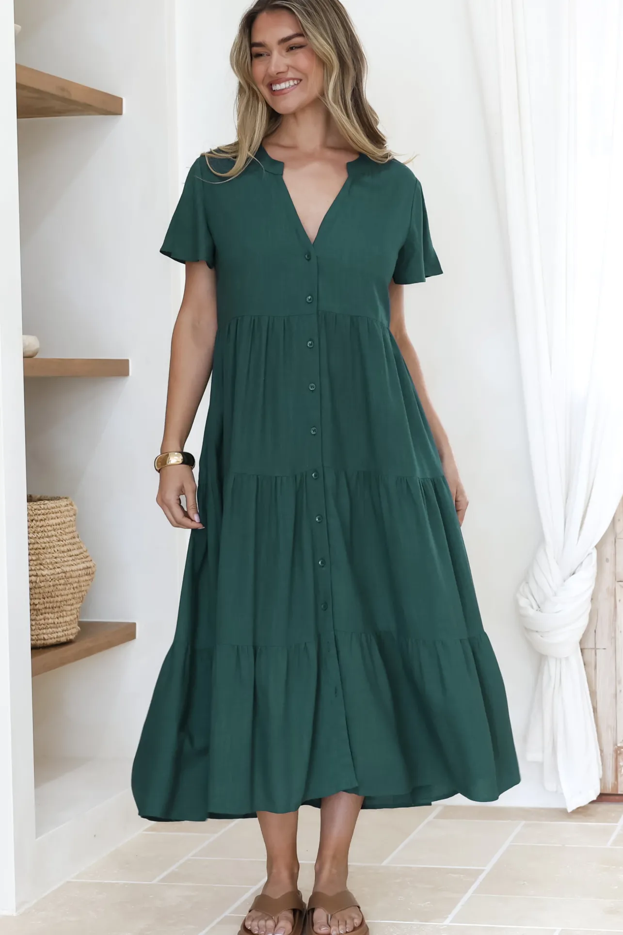 Milla Midi Dress - Tiered Cap Sleeve Button Down Linen Dress in Emerald>Salty Crush Discount