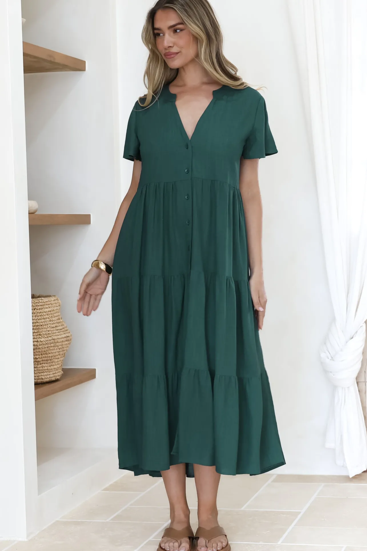 Milla Midi Dress - Tiered Cap Sleeve Button Down Linen Dress in Emerald>Salty Crush Discount