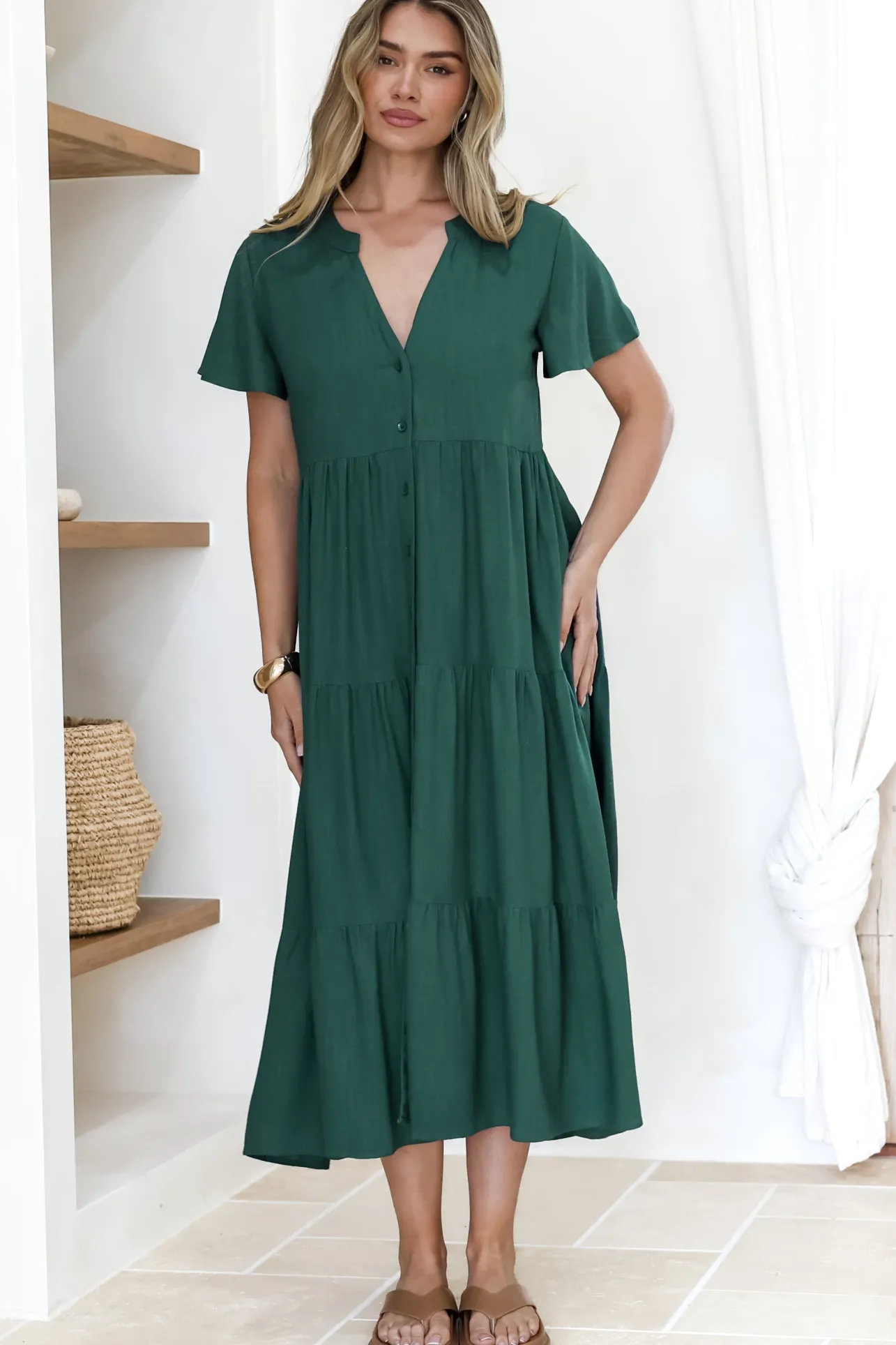 Milla Midi Dress - Tiered Cap Sleeve Button Down Linen Dress in Emerald>Salty Crush Discount