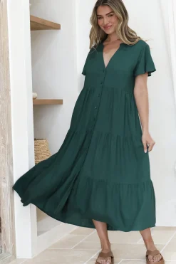 Milla Midi Dress - Tiered Cap Sleeve Button Down Linen Dress in Emerald><noscript><img width=