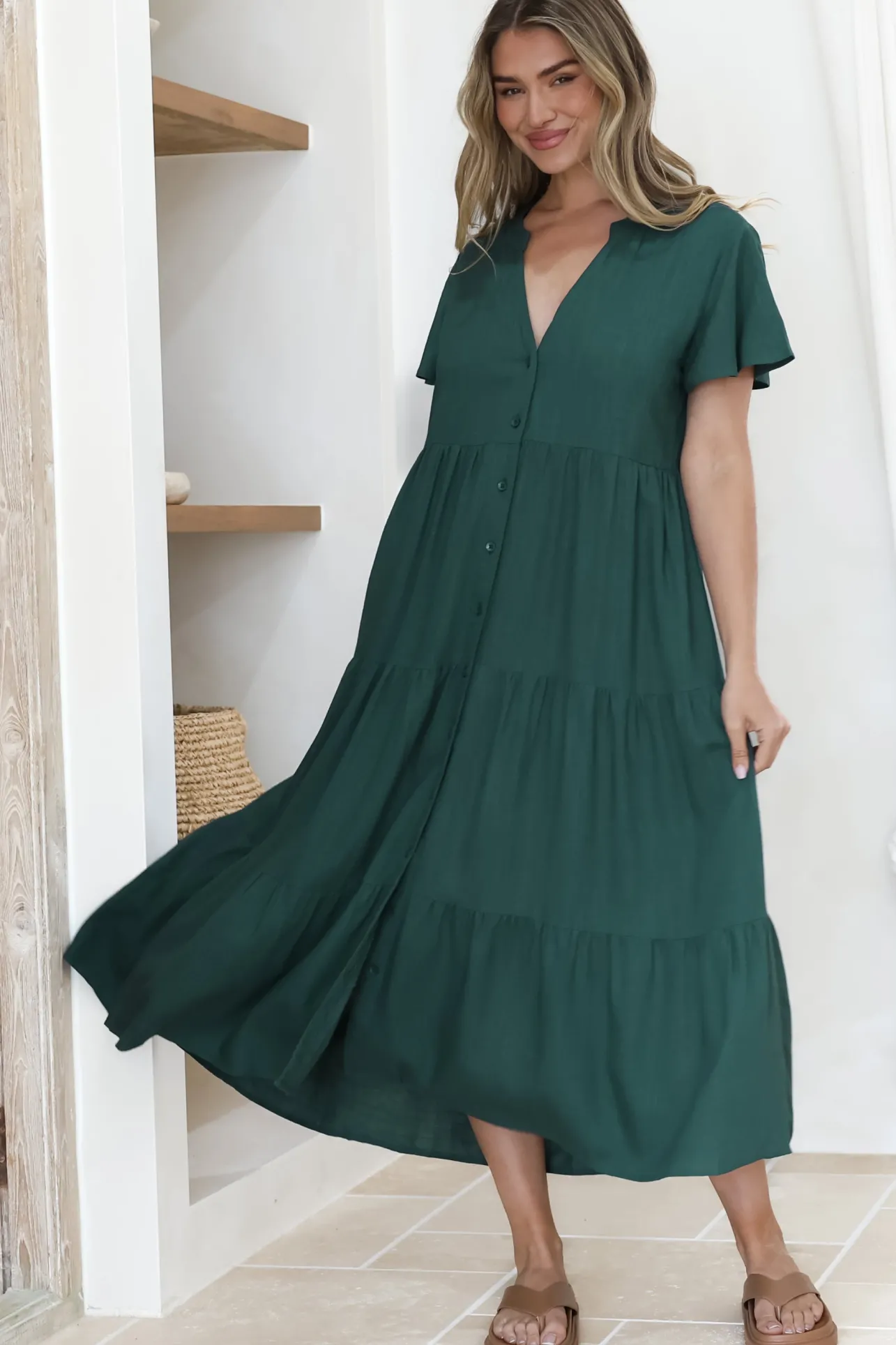 Milla Midi Dress - Tiered Cap Sleeve Button Down Linen Dress in Emerald>Salty Crush Discount