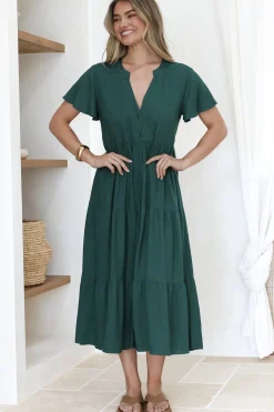 Milla Midi Dress - Tiered Cap Sleeve Button Down Linen Dress in Emerald><noscript><img width=