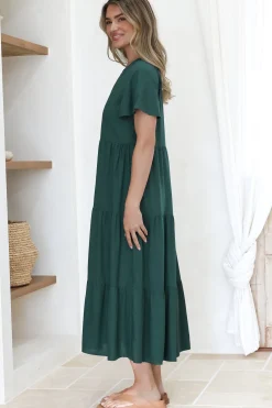 Milla Midi Dress - Tiered Cap Sleeve Button Down Linen Dress in Emerald><noscript><img width=