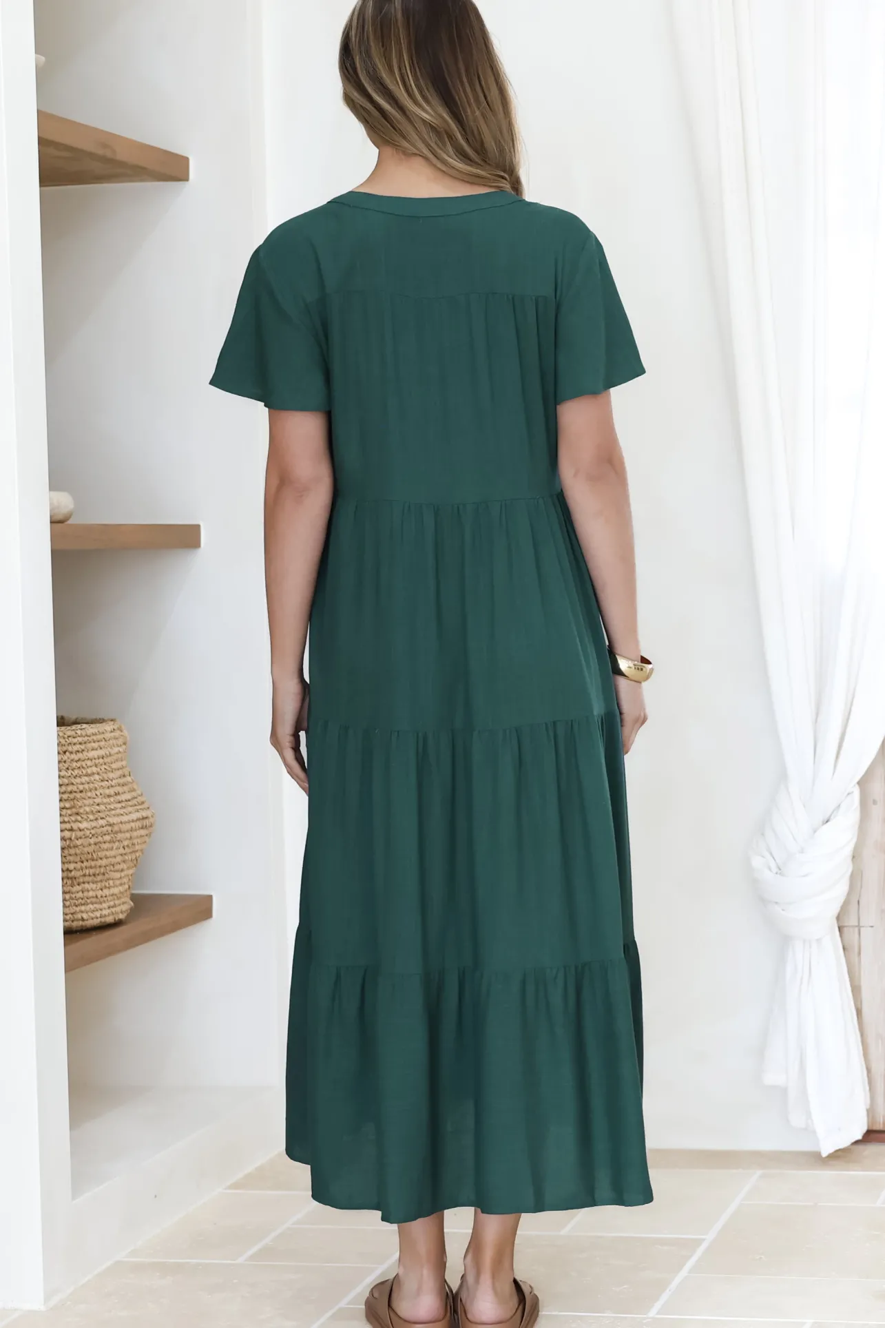 Milla Midi Dress - Tiered Cap Sleeve Button Down Linen Dress in Emerald>Salty Crush Discount