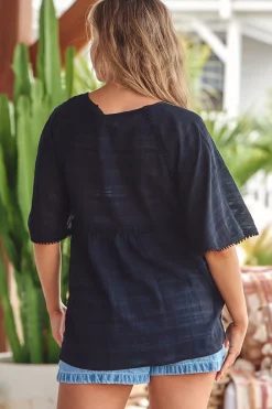 Mimosa Top- V-Neck Cotton Top with Bell Sleeves in Noel Black><noscript><img width=