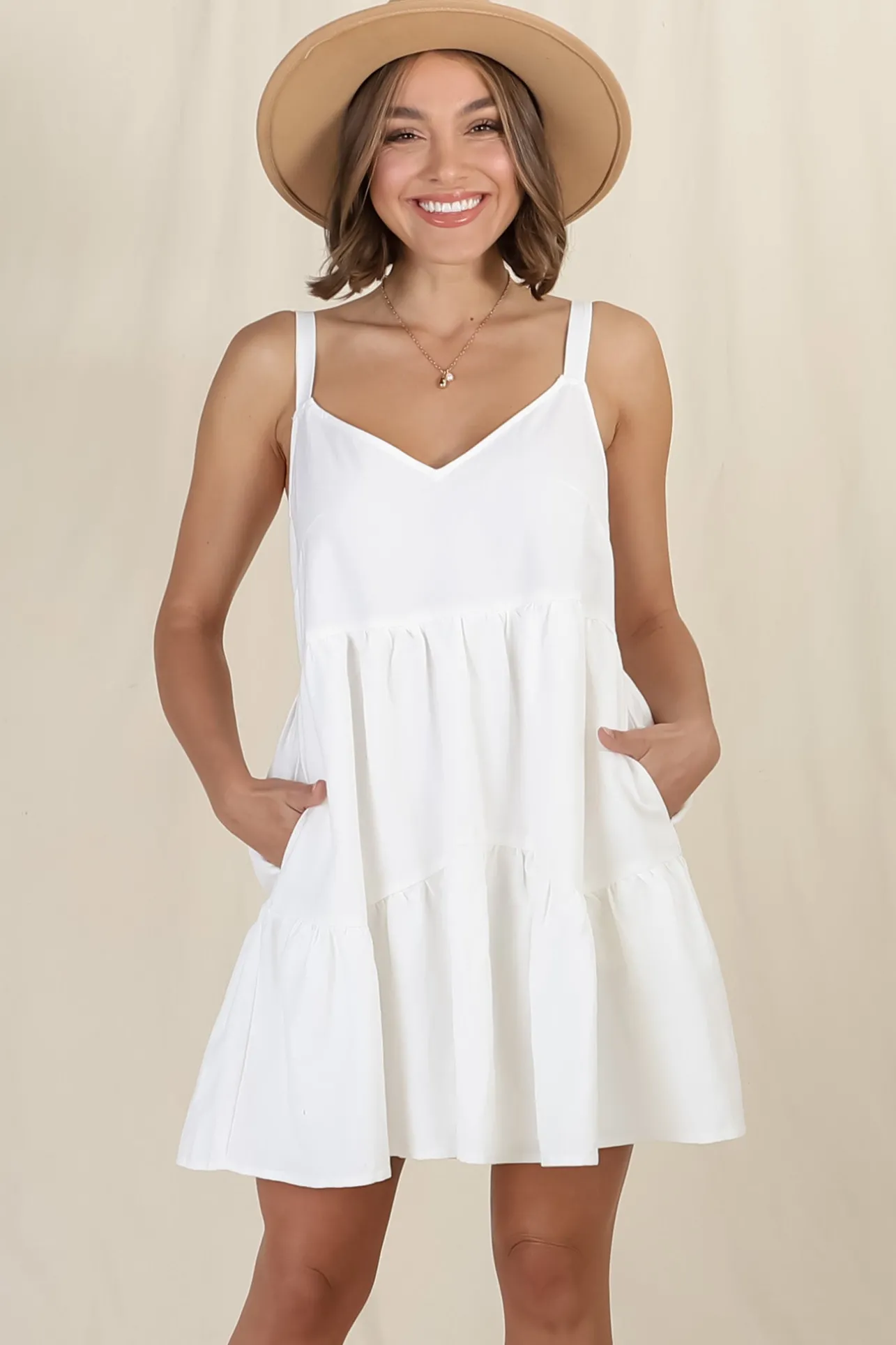 Missy Mini Dress - Thick Adjustable Strap Tiered Sun Dress in White>Salty Crush Best